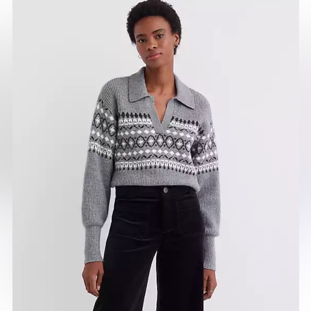 Loft Fair Isle Collared Sweater In Grey
